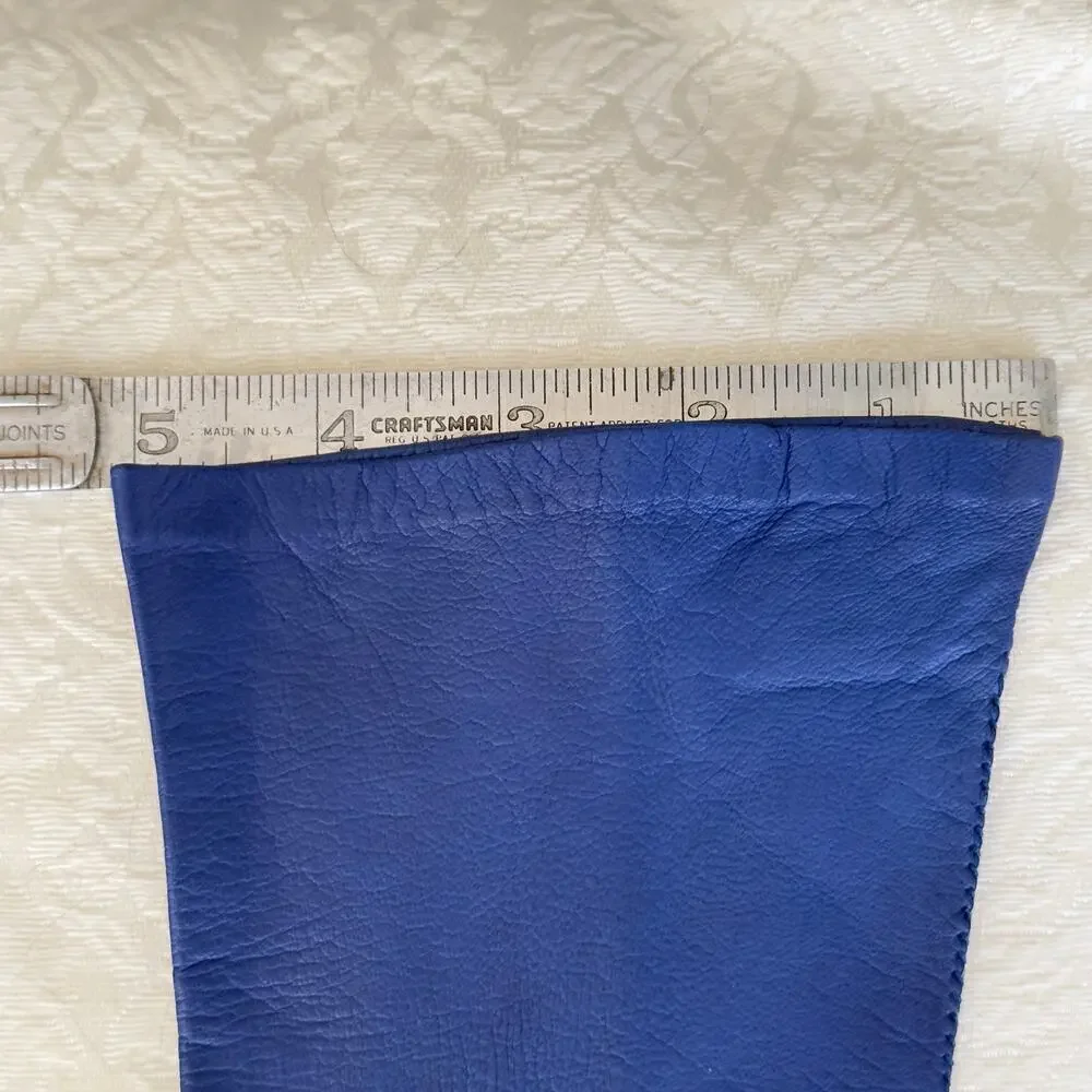 Vintage 13” Elbow Length Blue Kid Leather Women’s French Gloves 1950’s Size 6